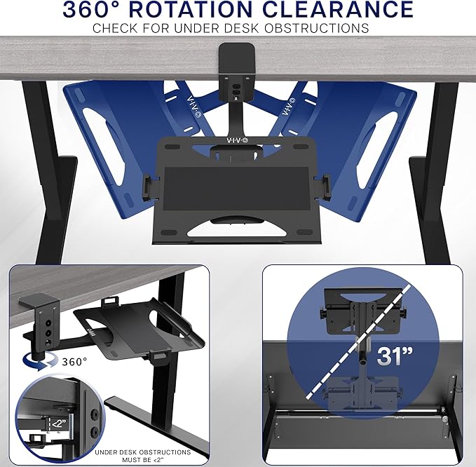 VIVO Clamp-on 12 x 9 inch Rotating Laptop Tray, Extra Sturdy Single Desk Swivel Clamp, Ergonomic Typing, Black, MOUNT-LAP1CB