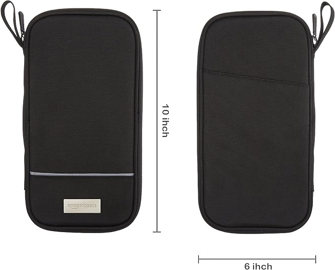 Amazon Basics RFID-blocking Passport Wallet, Passport Holder for Travel, 100% Nylon Material with Durable Zipper Closure, Zippered Pockets, Slots for Cards, 10"x5", Black, Solid