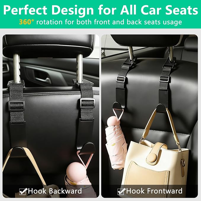 Amooca Adjustable Car Headrest Hooks, 4 Pack Universal Fit Vehicle Seat Back Organizer Hanger for Purse, Bags & Groceries, Black