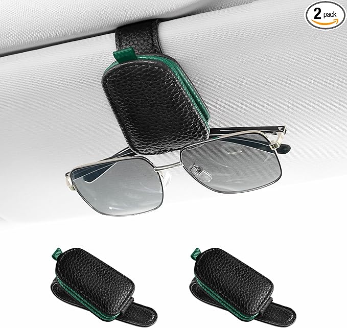 SINGARO Sunglasses Holder for Car, Leather Magnetic Buckle Sun Visor Sunglass Clip, Ticket Card Storage Glasses Clip, Car Interior Accessories for Men and Women（2PCS Black-Green）