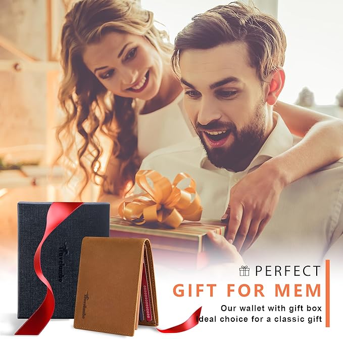 Travelambo Genuine Leather Wallet for Men with Gift Box - Handmade Bifold Stylish - Mens Wallets Rfid Blocking with 2 ID Windows