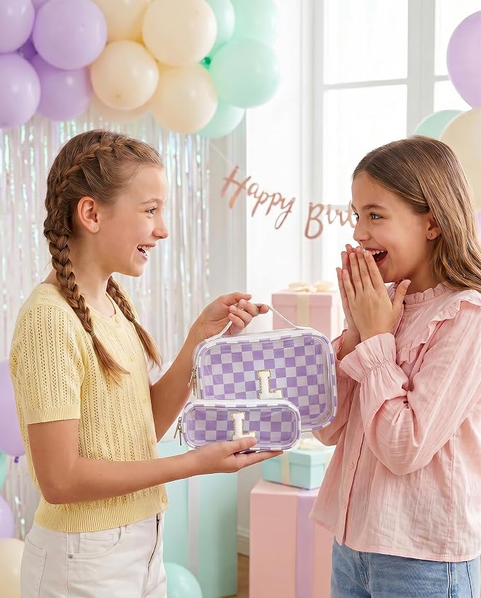 LETGO Skincare for Girls 10-12 Personalized Initial Makeup Bag丨Cosmetic Bag丨Travel Toiletry Bag丨Birthday Gifts for Women Her Bridesmaid Friend Wife Girlfriend Daughter Teacher Gifts(L,Purple&Beige)