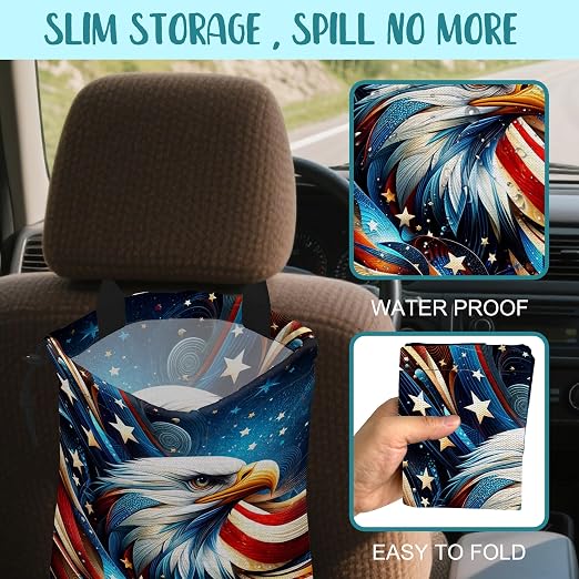 Car Garbage Bag American Flag and Bald Eagle Drawstring Car Trash Bag Hanging for Back Seat with Adjustable Buckle Canvas Vehicle Trash Can Easy-to-Install