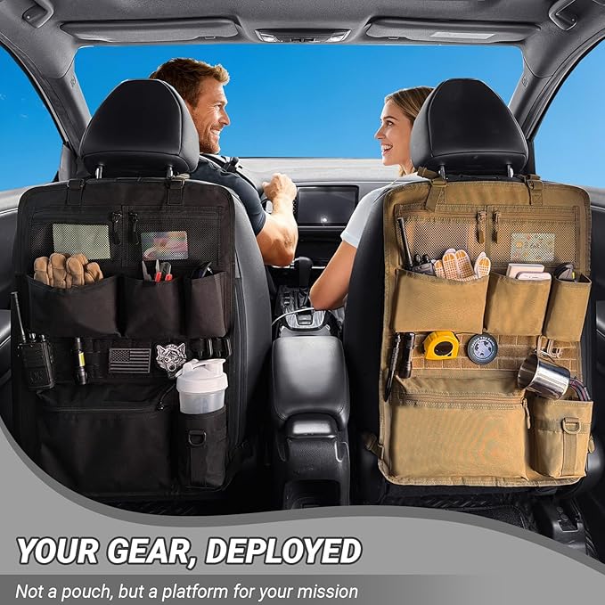 Tactical Car Seat Organizer with Multiple Pockets, MOLLE Panel System & Mesh Compartments, Durable Nylon Universal Vehicle Seat Back Storage with Cup Holder, Water-Resistant (Mud)