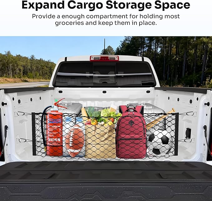 Canvcle Trunk Cargo Net for 2023-2025 2026 Chevy Colorado &GMC Canyon Accessories Envelope Style Mesh Trunk Net Organizer and Storage Stretchable Adjustable Elastic Nylon Rear Cargo Netting with Hooks