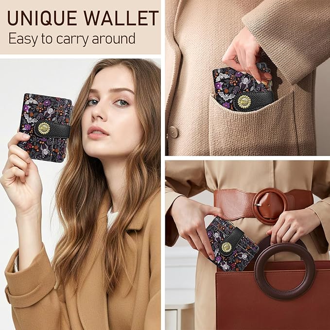 Kelvoris Goth Gothic Bats Spiders Web Small Rfid Women Wallet Bifold Zipper Coin Pocket PU Leather Compact Cash Credit Card Holder Travel Wallet for Female Ladies Teen Girls 1 ID Window 10 Card Slots