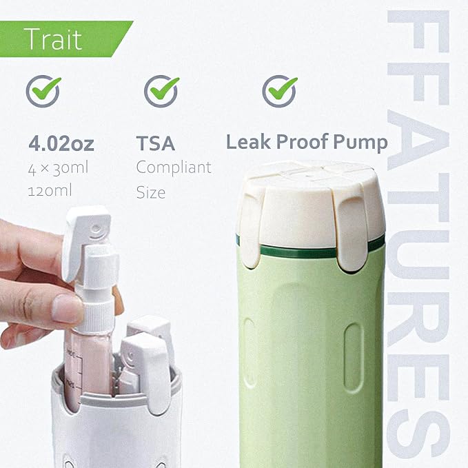 4 in 1 Travel Dispenser Bottles Shampoo Refillable Leak Proof TSA Compliant Size Containers Toiletries Toiletry with Pump Design Portable Organizer Conditioner Lotion Cream Vacation (White)