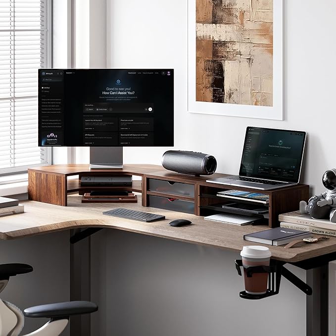 Fenge Dual Monitor Stand, Corner Monitor shelf with Drawer and Slide-Out Tray, 2 Tier Triangle Monitor Riser with Storage, Desk Shelf Organizer for Desk, Home Office, Computer, Laptop, Printer