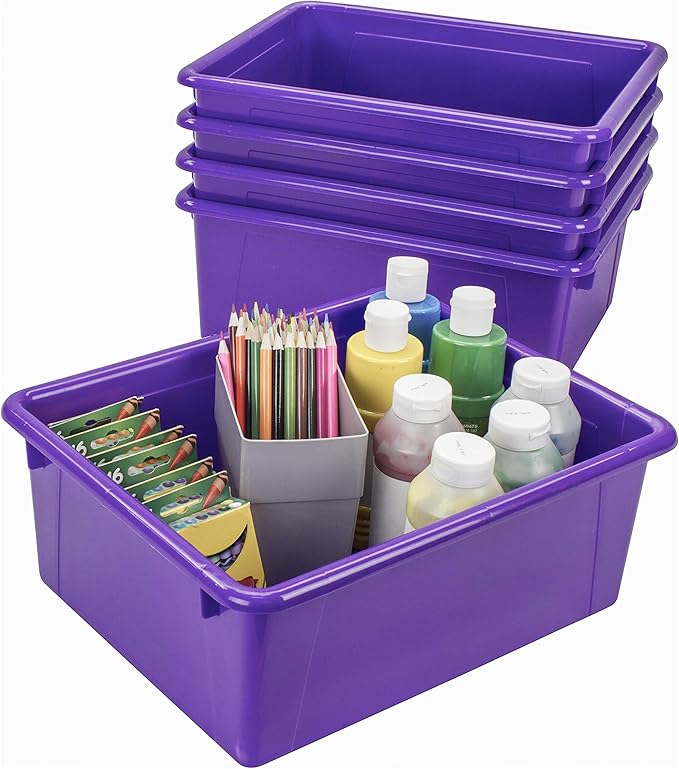 Storex Letter Size Deep Storage Tray – Organizer Bin for Classroom, Office and Home, Violet, 5-Pack (62528A05C)