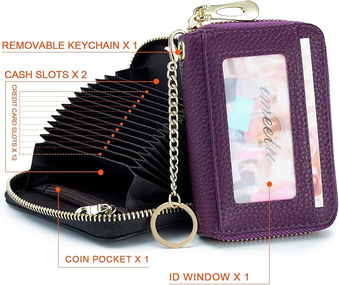 imeetu RFID Credit Card Holder, Small Leather Zipper Card Case Wallet for Women