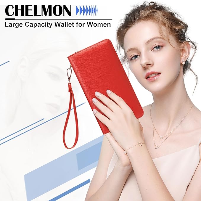 Chelmon Women's Vegan Leather Clutch Wallet with Zip, Hand Strap, Large Capacity