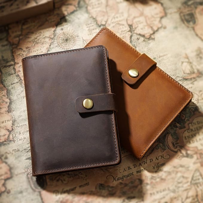 Genuine Full Grain Leather Passport Holder, Slim Bifold with Snap Button Closure, 5 Card Slots, Men's Travel Wallet (BLACK)