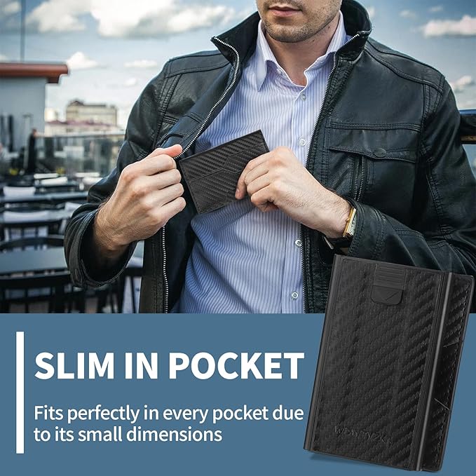 Mens slim Wallet，with RFID Shielding, Holds 9 Cards Easily, card wallet for Men, Minimalist Wallet For Men, Made of aluminum and Pu Synthetic Leather, Includes Cash clip (Carbon Black)