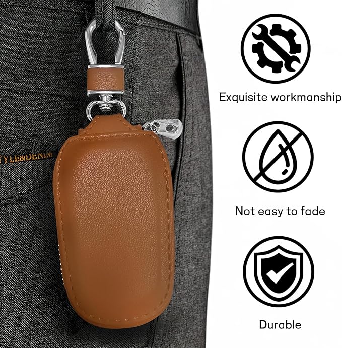 Car Key Case - Genuine Leather Auto Fob Protector, Universal Cover With Metal Hook, Smart Keychain Holder for Remote, Vehicle Keyring Zipper Bag (Brown)