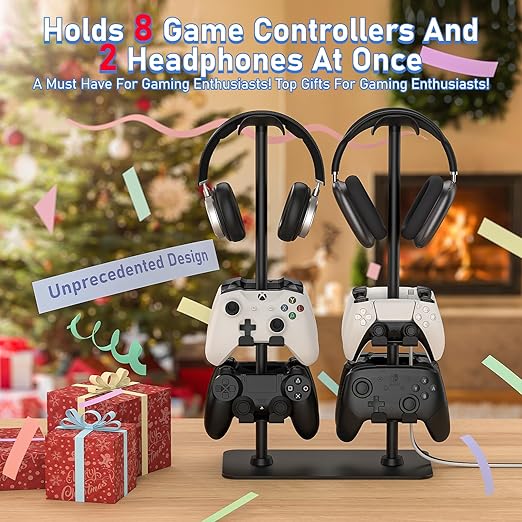 MANMUVIMO Headset Stand Controller Holder for 2 Headset and 8 Controller, Headphone Stand Gaming Controller Holder for PS5 Xbox Airpods Beats Bose, Gaming Room Accessories, Gamer Gifts for Men