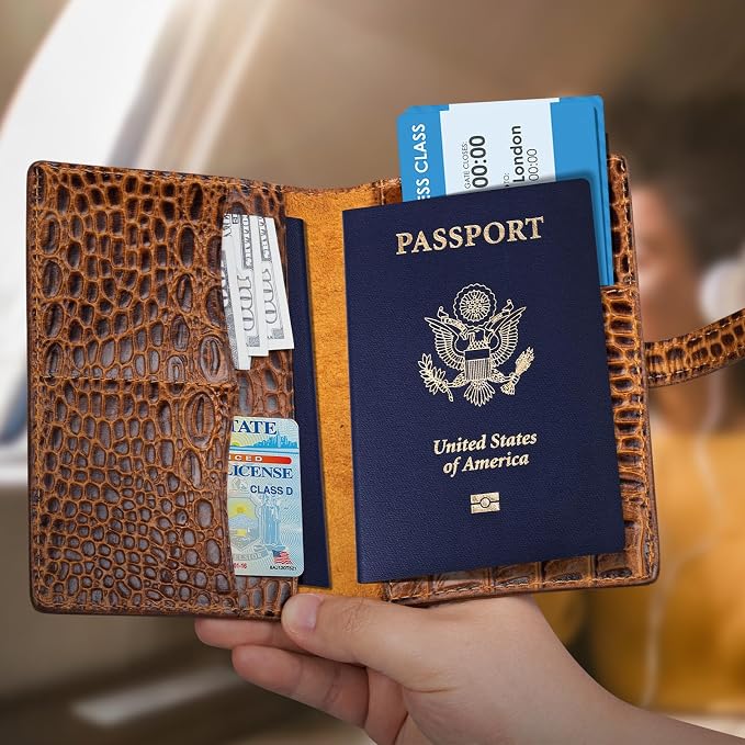 Genuine Leather Passport Holder Travel Bifold Wallet For Men And Women Slim RFID Blocking Brown