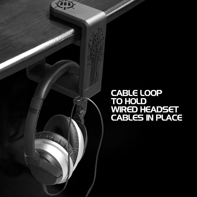 ENHANCE PC Gaming Headphone Holder - Desk Headphone Hanger Esports Headset Holder with Adjustable 360 Rotation, Under Desk Hook Clamp, Universal Fit - Built in Cable Clip Organizer - Black