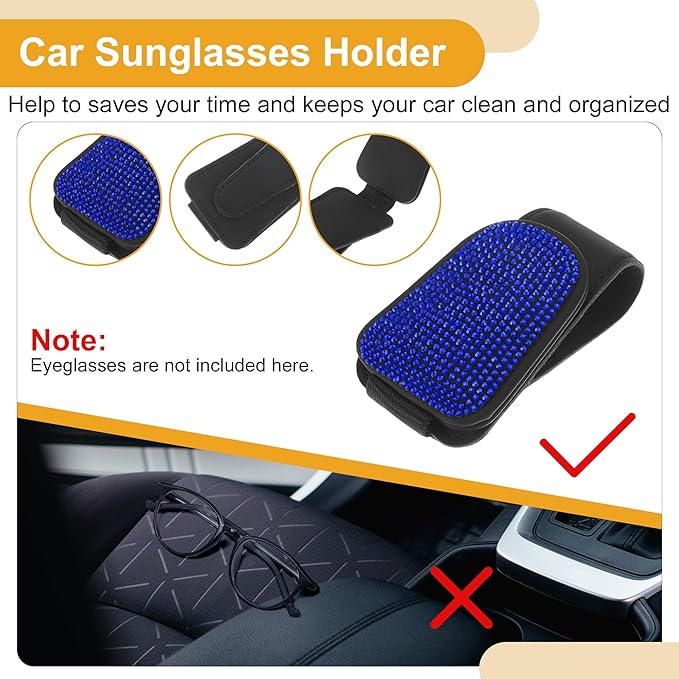 Motoforti Car Sunglasses Clip Magnetic Universal Sun Visor Eyeglasses Holder Clip PU Leather,Rhinestones Blue 8.5x5cm 1 Pcs