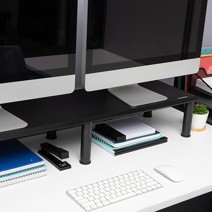 Mind Reader Dual Monitor Stand, Height Adjustable, Desktop Organizer, Laptop Riser, Office, 38.5"L x 11"W x 2.55-6.5"H, Black
