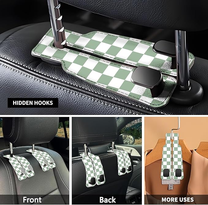 Car Seat Headrest Hook, Universal Leather Cute Hanger Holder Hook, Storage Organizer Interior Accessories for Purse Bags Handbag Green Plaid
