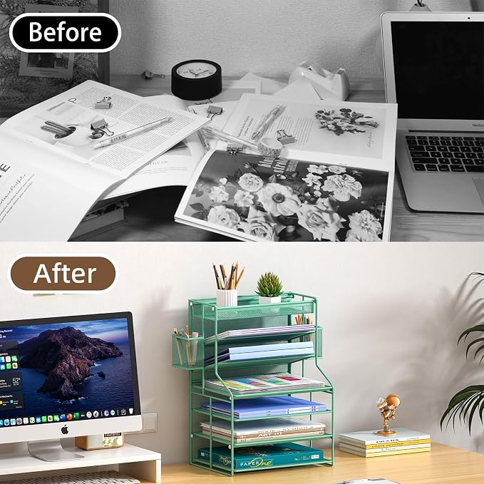 White 7 Tier Desk File Organizer, Metal Letter Tray Paper Organizer with Pull-Out Drawer, Removable Pen Holder & Hanging Basket, Vertical Desktop File Holder for Home Office, Classroom