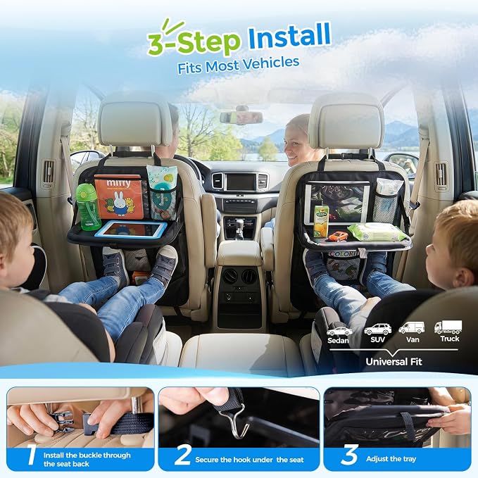 Tsumbay Backseat Car Organizer with Foldable Tray, 9 Pockets, Kick Mat Seat Protector, 18KG Capacity, Waterproof Oxford Fabric for Kids, Family Travel - for Car, SUV, Van (Oxford-2Pck)