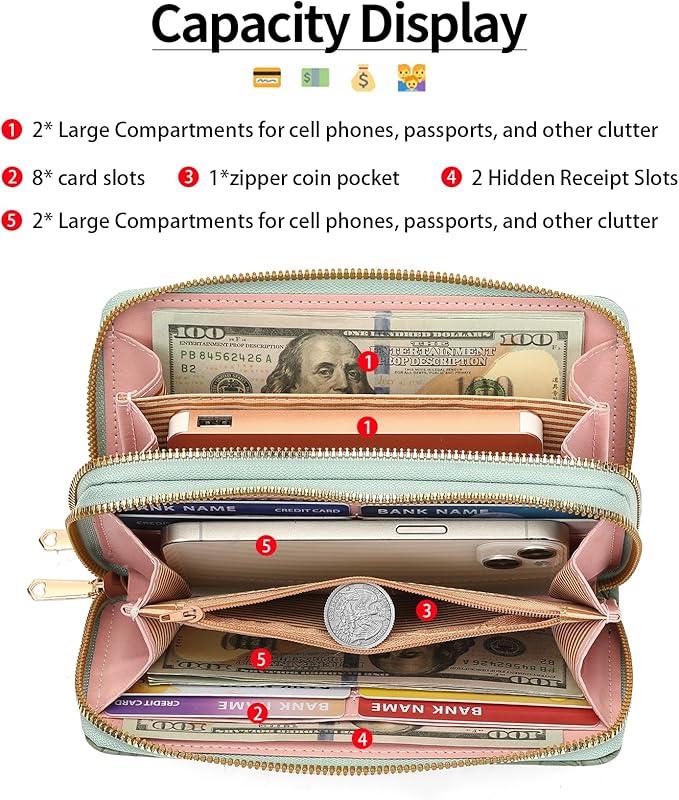 RNIEGA Wallet for Women Clutch Double Zip Around Credit Card Holder Leather Women's Wallet Large Capacity