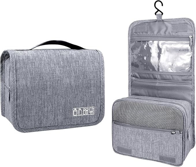 Large Capacity Toiletry Bag Travel Bag with Hanging Hook for Men and Women Waterproof Travel Cosmetic Bag Bathroom Storage Bag for Brushes Set,Full-Sized Shampoo,Toiletries,Accessories-Grey