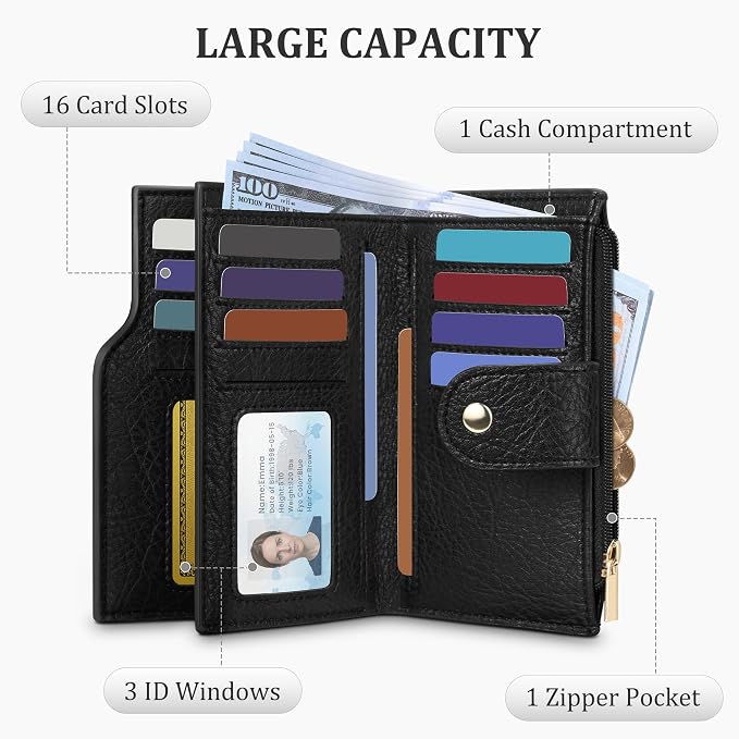 Airkit Small Women's Bifold Wallet, RFID Blocking Credit Card Holder with Zipper, Travel Cute Coin Pocket Wallet for Ladies, Black
