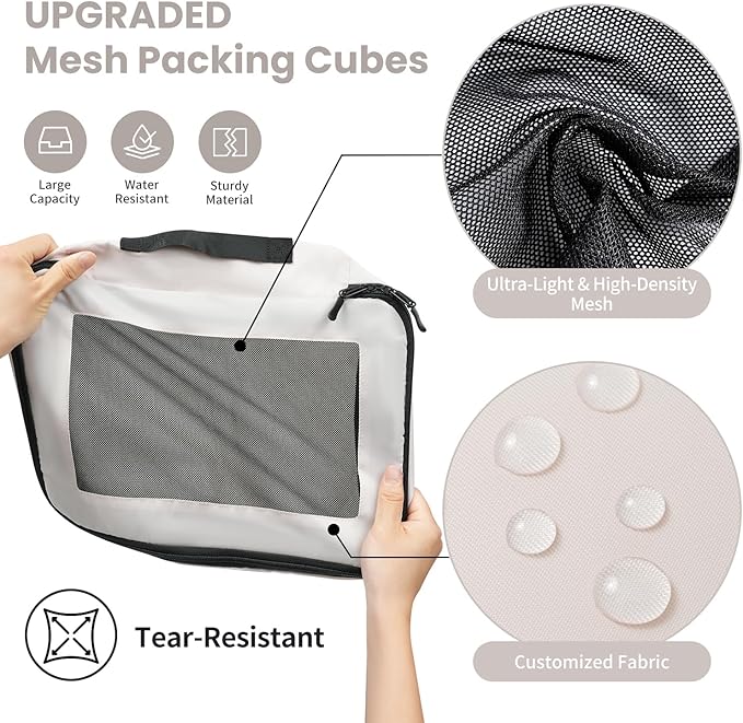 Mesh Packing Cubes for Travel, Durable Luggage Organizer with Sturdy Material and Double Zippers, Comprehensive Set for Travel Accessories Storage, 10 set, cream