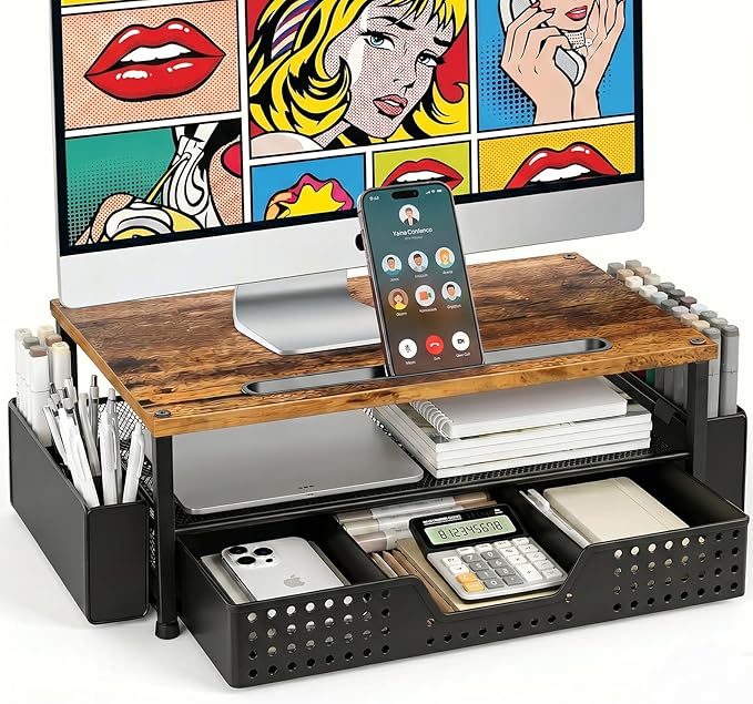 Desk Organizer and Accessories, 2-Tier Computer Monitor Stand Rise with Phone Holder, Drawer & 2 Pen Holders, Laptop & Printer Stand for Desktop, Workspace Organizers for Office Supplies (Brown Wood)