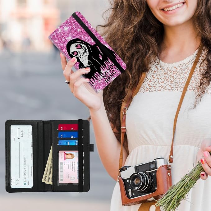 Premium PU Leather Checkbook Cover for Men & Women,RFID Blocking Slim Check Book Holder with Duplicate Check Divider & Pen Holder,Fits Standard Personal Checks,Skull Face Pink