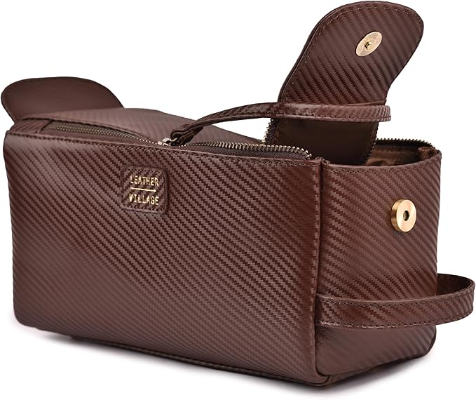 LEATHER VILLAGE Genuine Carbon Fiber Genuine Leather Travel Toiletry Bag - Large Dopp Kit, Water-Resistance Bathroom & Shaving Organizer for Men & Women - Brown