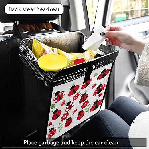 Ladybugs Red Scarab Flower Car Trash Can Foldable Hanging Car Trash Bag Bin Auto Garbage Can Leak-Proof Car Organizer(Large)