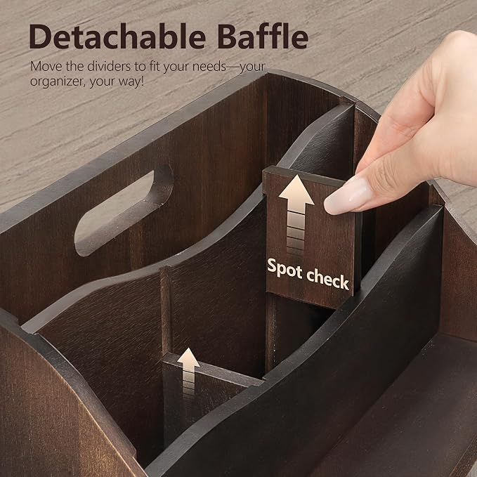 Rebee Vision Acacia Wood Mail Organizer for Desk – Retro Countertop Mail Holder with Dividers – 4-Slot Letter Sorter for Office Accessories – Desktop Organizer for Home Decor (Dark Acacia)