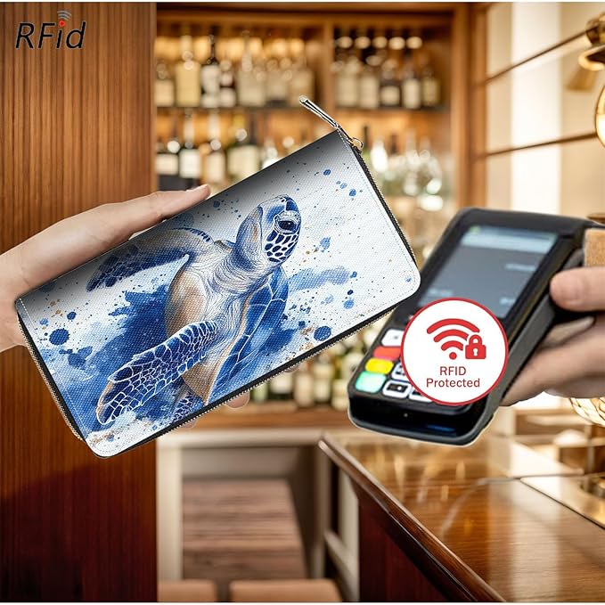 Bxgolkgd Womens Wallet, RFID Blocking Leather Wallet,Large Capacity Wallet Credit Card Holder PU Leather Ladies Clutch with Zipper Coin Pocket - Blue Watercolor Turtle