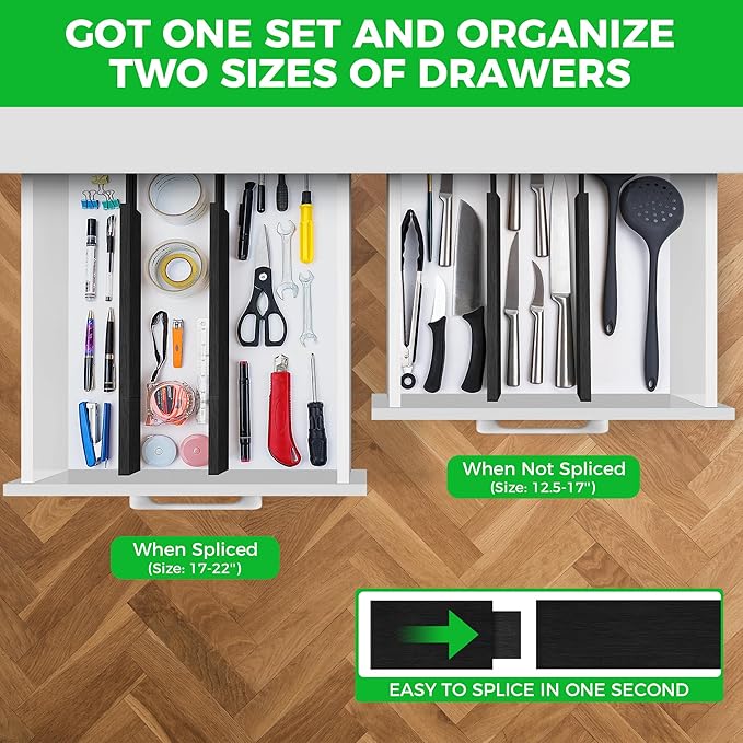 4 Pack Bamboo Drawer Dividers Organizer with Inserts 2.6'' High, Expandable from 12.5-21.7", Adjustable Drawer Organizer Separators for Utensils, Clothing, Office, Dresser, Bedroom, (Black)