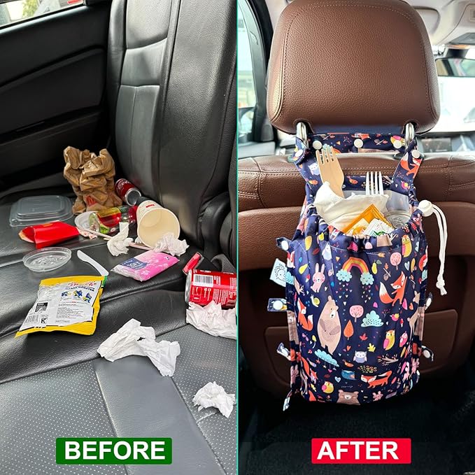 FLOCK THREE Leak-Proof Waterproof Car Trash Bag Foldable Multipurpose Trash bin Container Storage Cute Grocery Organizer Bag for Automotive Front or Back Seat in Cars SUVs and Trucks (Jungle Animals)