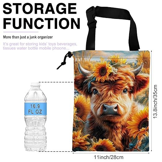 Car Trash Bag Hanging Highland Cow and Sunflowers Car Trash Can for Back Seat Waterproof Car Garbage Can with Adjustable Straps and Drawstring for Car Accessories Vehicle Travelling Camping