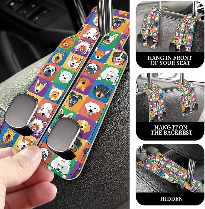 PU Leather Car Seat Hook, Storage Headrest Hanger, Cute Car Backseat Organizer, Car Hooks for Purses and Bags Colorful Dog Faces