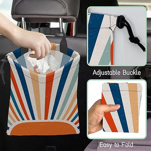 Retro Sunburst Car Garbage Bag,Colourful Sunrise Waterproof Small Car Trash Bag Hanging Back of Seat,Drawstring Hanging Car Trash Bag with Adjustable Buckle for Car Accessories