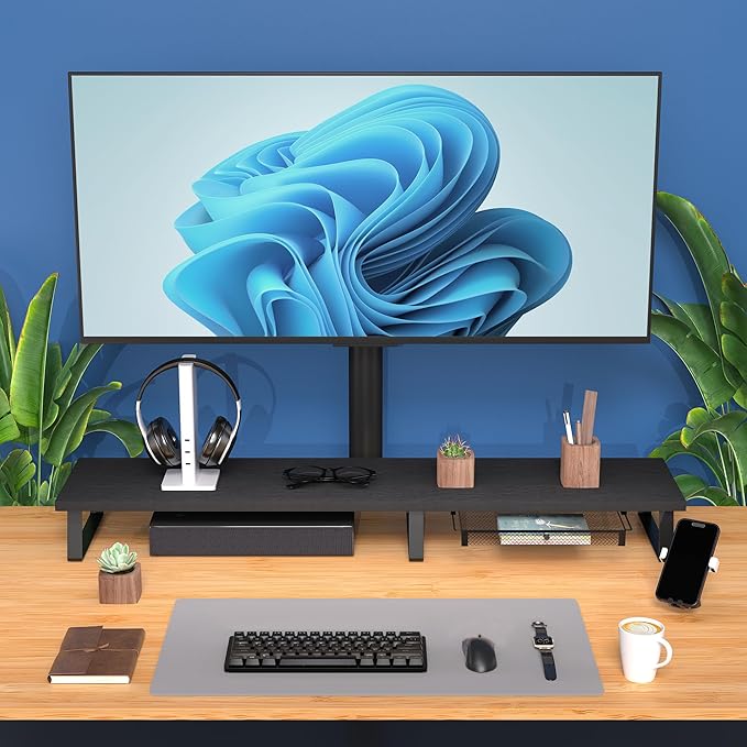 Wood Dual Monitor Stand Riser - Monitor Stand for 2 Monitors, Large Computer Stand For Desk with Metal Legs, Desk Organizers and Storage With Drawer, Desk Shelf for Computer/Laptop/Printer/TV, Black