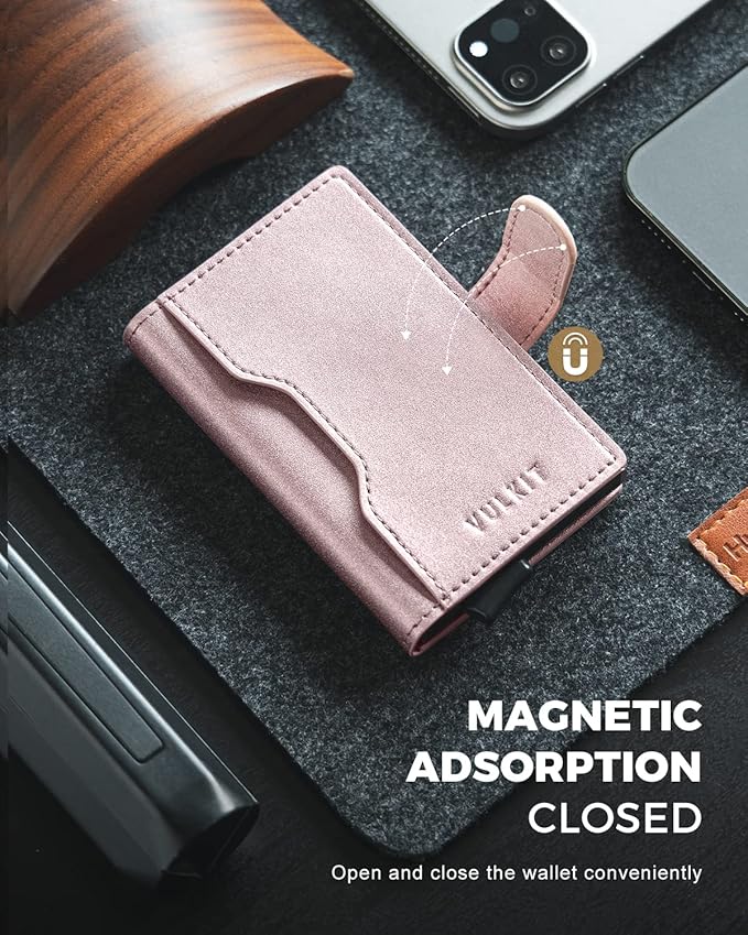 VULKIT Slim Bifold Pop up Wallet Minimalist Leather Card Holder RFID Blocking Metal Card Case with ID Window for Women | with Leather Slots, RFID Blocking, Slim, Metal Card Case