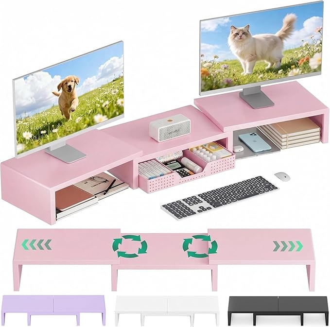 OPNICE Desk Organizers and Accessories, Dual Computer Monitor Stand Riser with Drawer, Office Decor for Women, Office Desk Accessories & Workspace Organizers for Home Office Supplies, Pink
