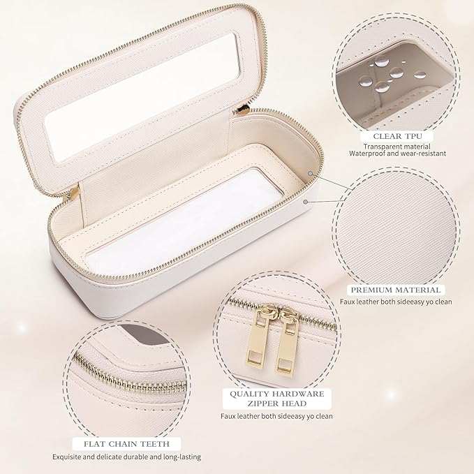 Pinkmik Travel Clear Makeup Bag with Brush Case TSA Approved Toiletry Bag Waterproof Cosmetic Organizer with Zipper Car Essential for Women (Beige, M+SLIM)