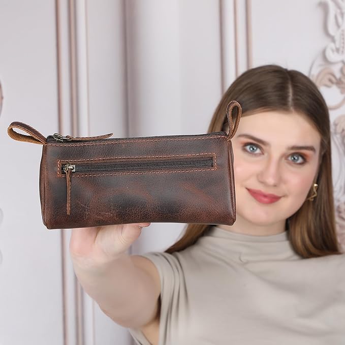 Leather Makeup Bag for Women – Genuine Leather Cosmetic Bag Travel, Handmade Zippered Makeup Pouch, Small Toiletry Bag, Shaving Kit & Stationery Organizer- Brown