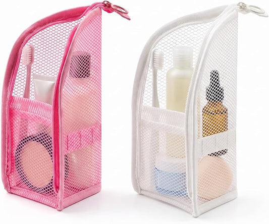 2 Pcs Standing Toiletry Bag, Portable Lightweight Travel Toiletry Bag, EVA Mesh Organizer Bag Cosmetic Zipper Pouch for Travel, Waterproof Dust-Free Stand-Up Small Toiletry Stationery Bag