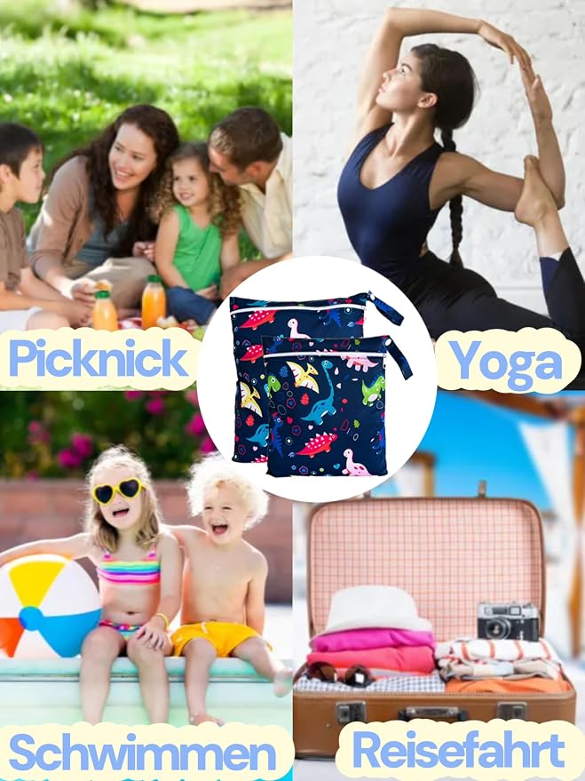 Wet Dry Bag for Cloth Diapers, 2PCS Waterproof Reusable Wet Bag with Zippered Pockets, Washable, Reusable for Travel, Beach, Pool, Stroller, Diapers, Dirty Gym Clothes, Swimsuits, 14x12In & 12x11In