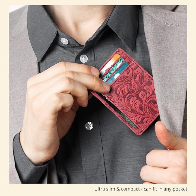 Real Leather Slim Minimalist Wallet for Men and Women -RFID Blocking Front Pocket Thin Credit Card Holder Stylish Wallets (Red1)