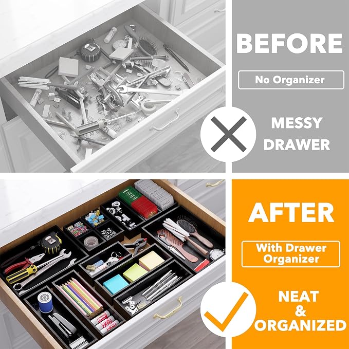 SpaceAid 14-Piece Bamboo Drawer Organizer Storage Boxes Set, Wood Tray Junk Drawer Organizers Multi-Use Divider Bins for Kitchen, Bathroom, Office Desk and Makeup Organization (14 Pack, Black)